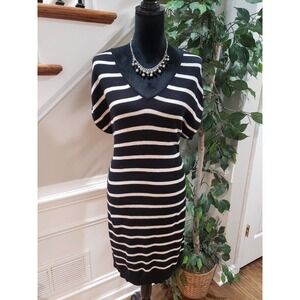 Calvin Klein Jeans Womens Black White Striped Cotton V Neck Knee Length Dress M